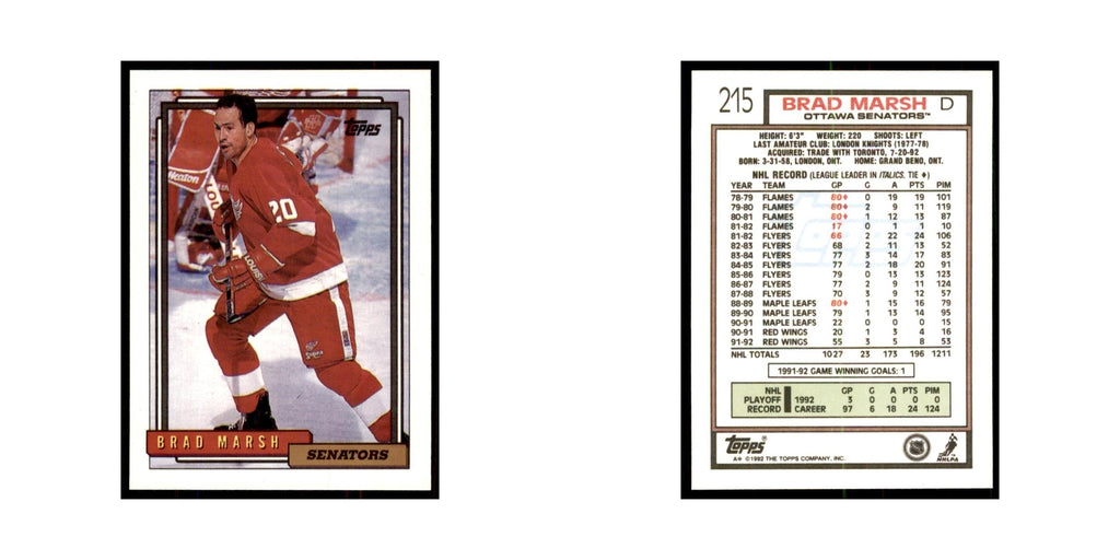 Brad Marsh 1992 Topps #215 Hockey Cards Hockey Card NM