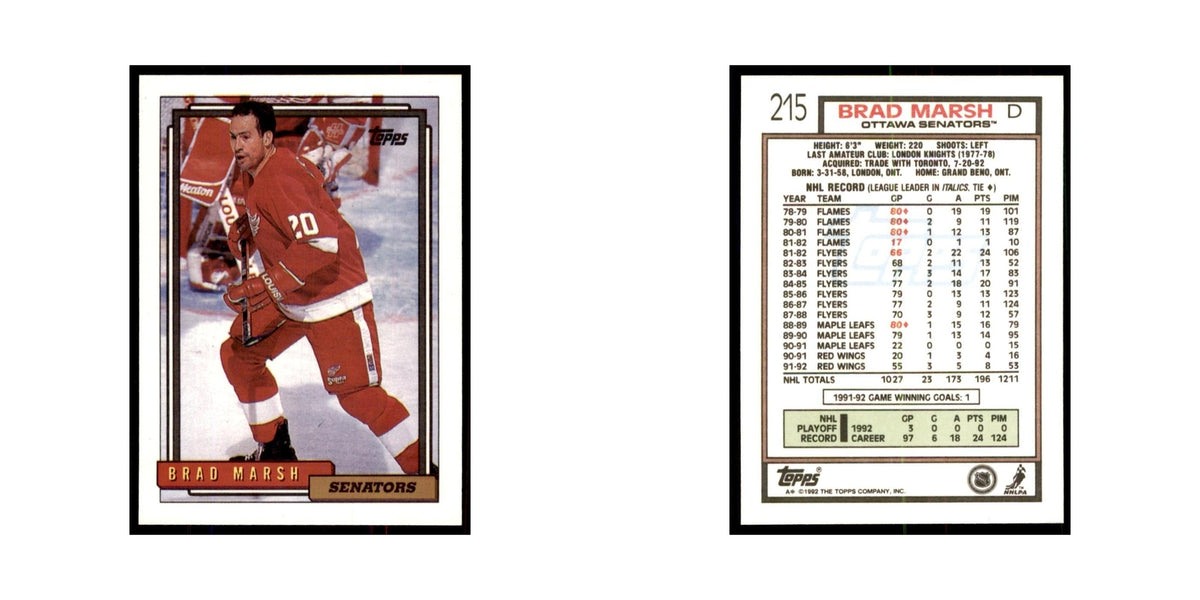Brad Marsh 1992 Topps #215 Hockey Cards Hockey Card NM