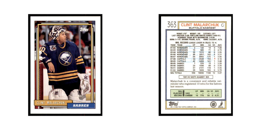 Clint Malarchuk 1992 Topps #363 Hockey Cards Hockey Card NM