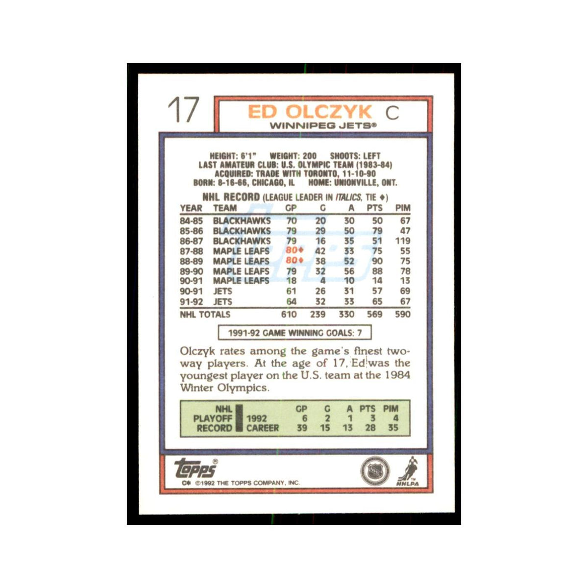 Ed Olczyk 1992 Topps #17 Hockey Cards Hockey Card NM