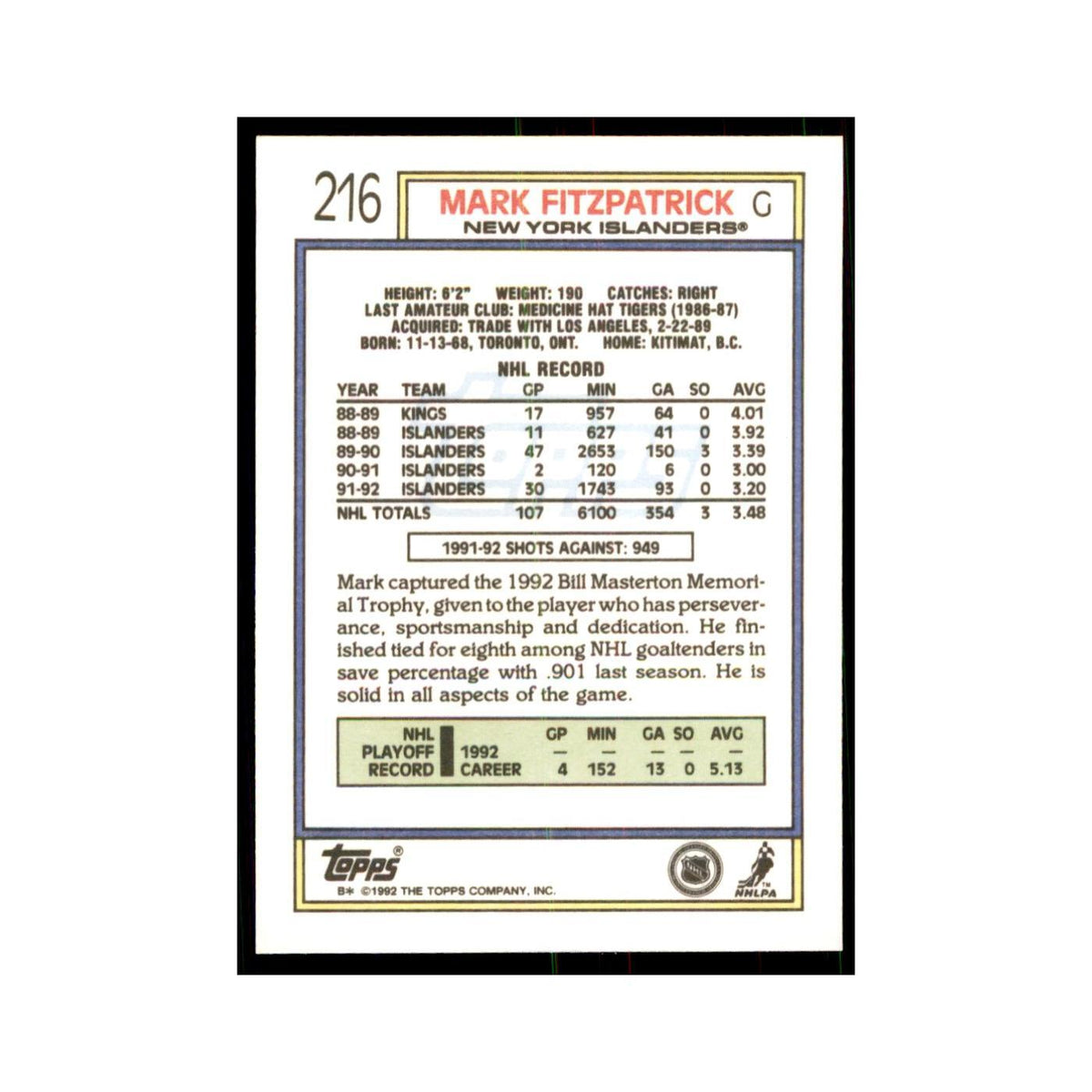 Mark Fitzpatrick 1992 Topps #216 Hockey Cards Hockey Card NM