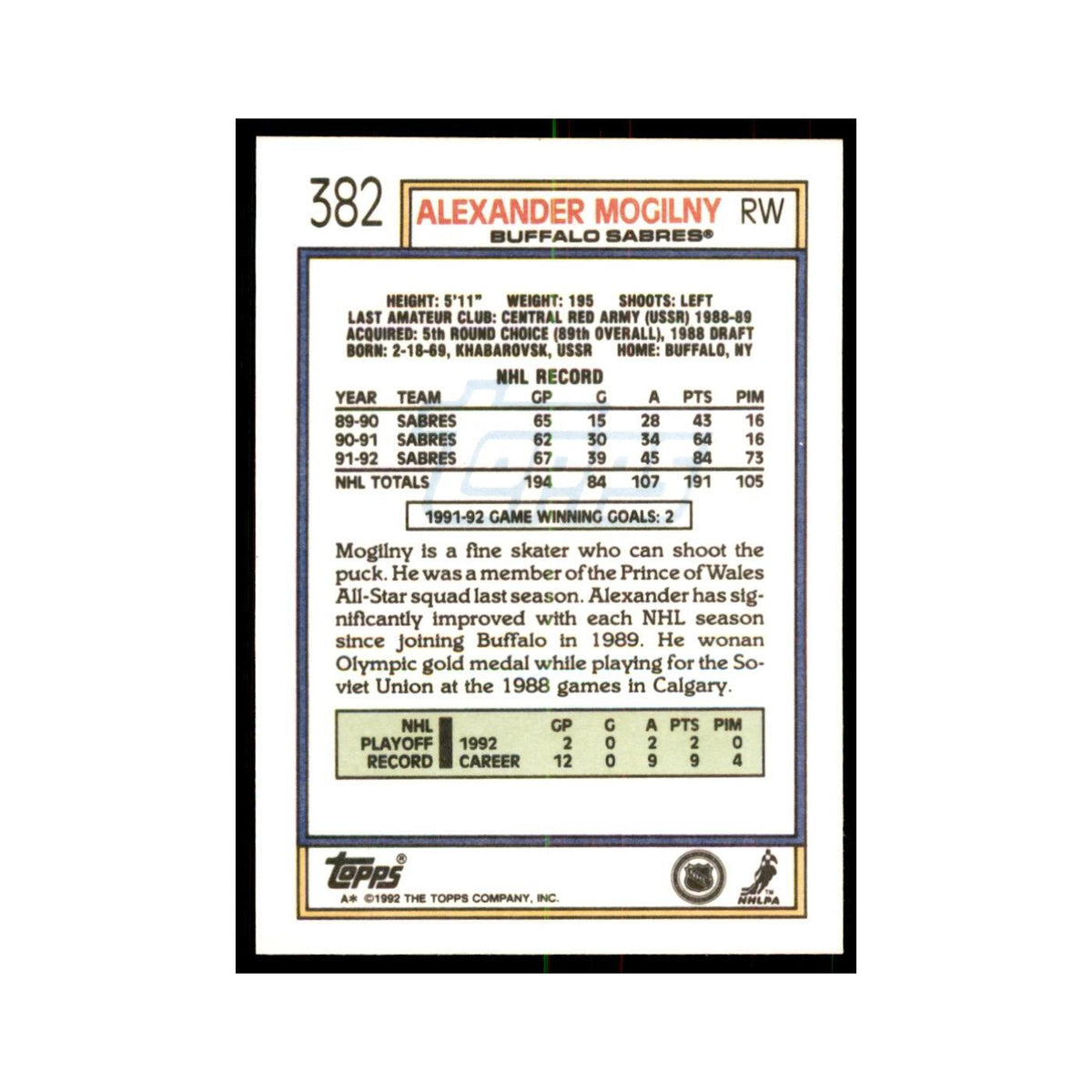 Alexander Mogilny 1992 Topps #382 Hockey Cards Hockey Card NM