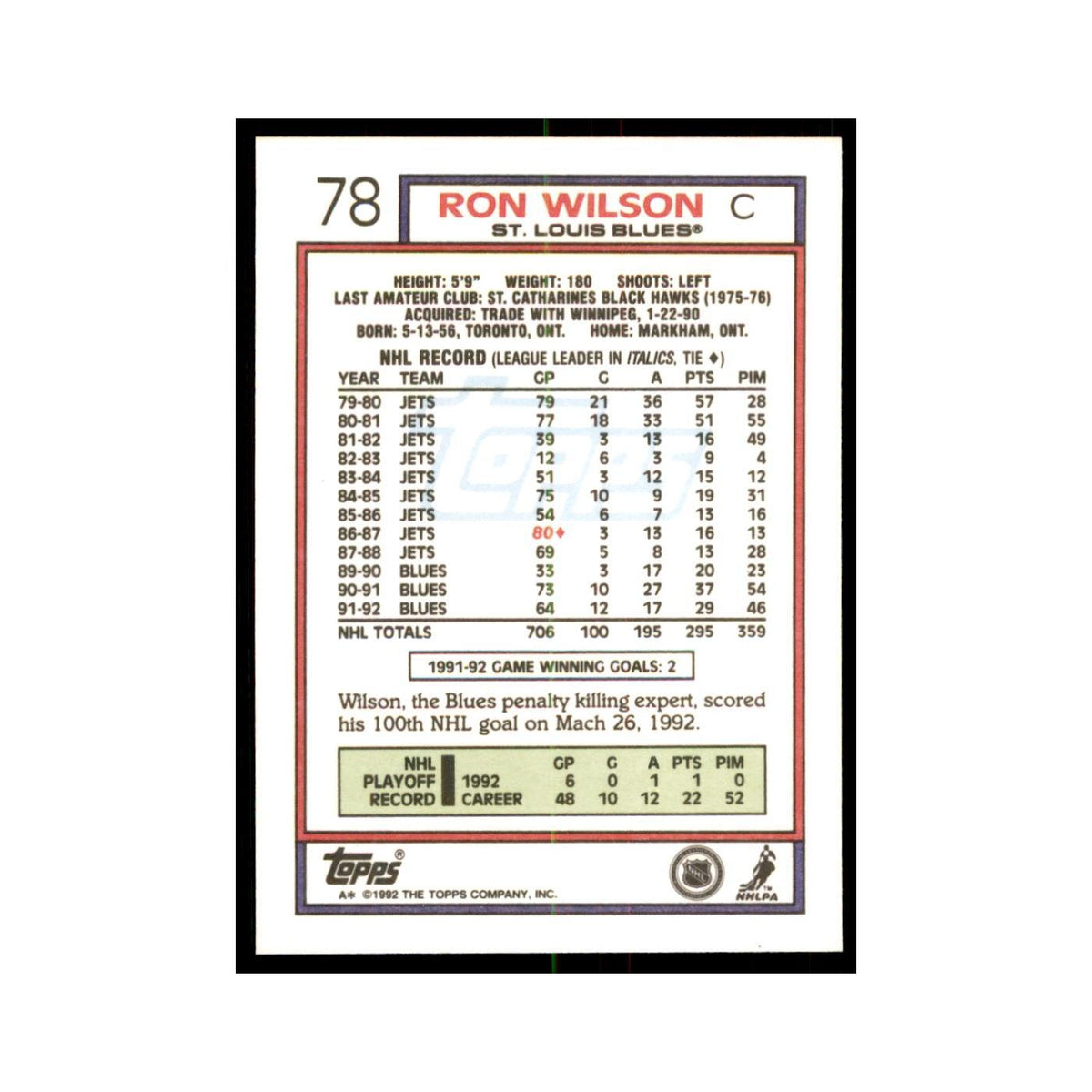 Ron Wilson 1992 Topps #78 Hockey Cards Hockey Card NM