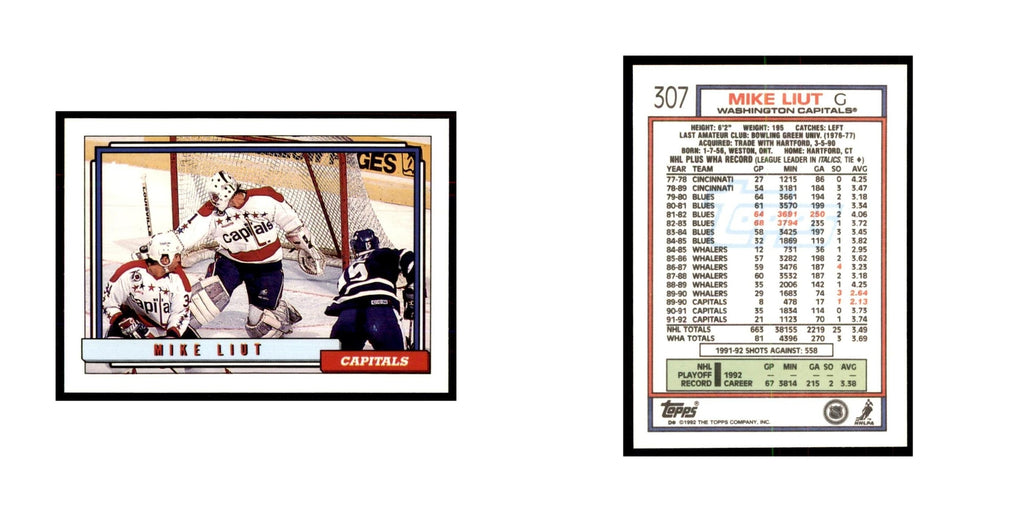 Mike Liut 1992 Topps #307 Hockey Cards Hockey Card NM