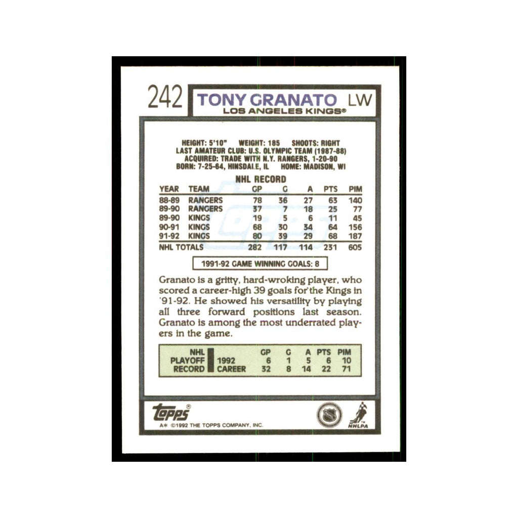 Tony Granato 1992 Topps #242 Hockey Cards Hockey Card NM