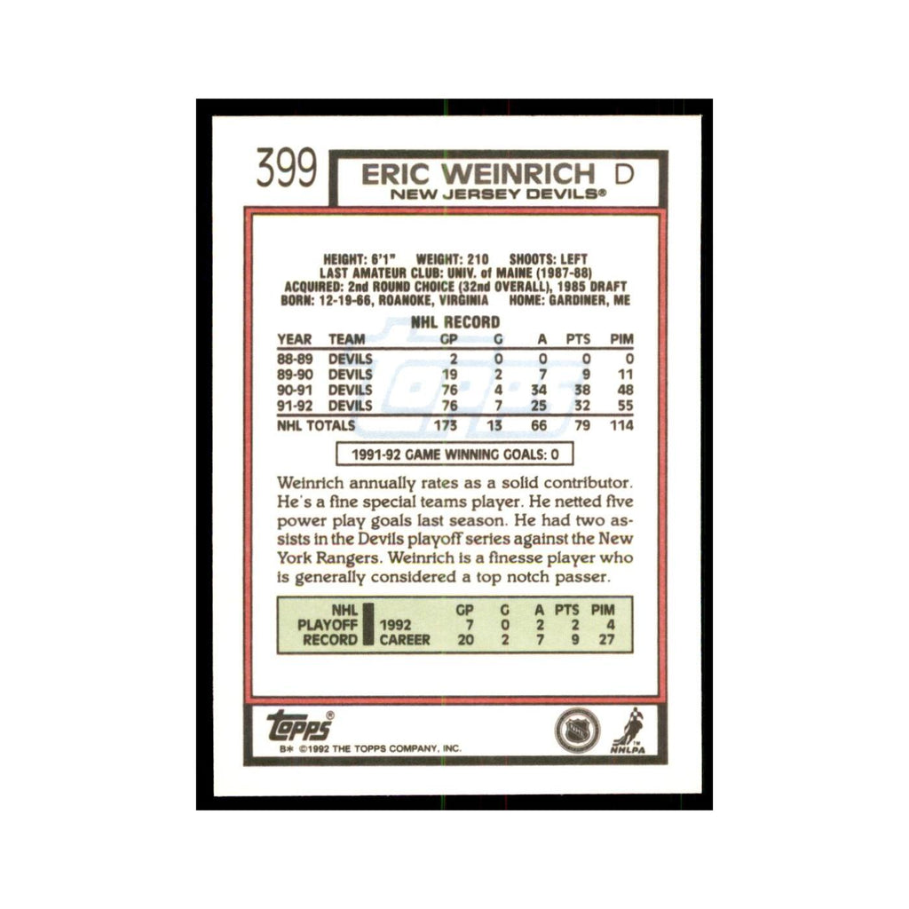 Eric Weinrich 1992 Topps #399 Hockey Cards Hockey Card NM