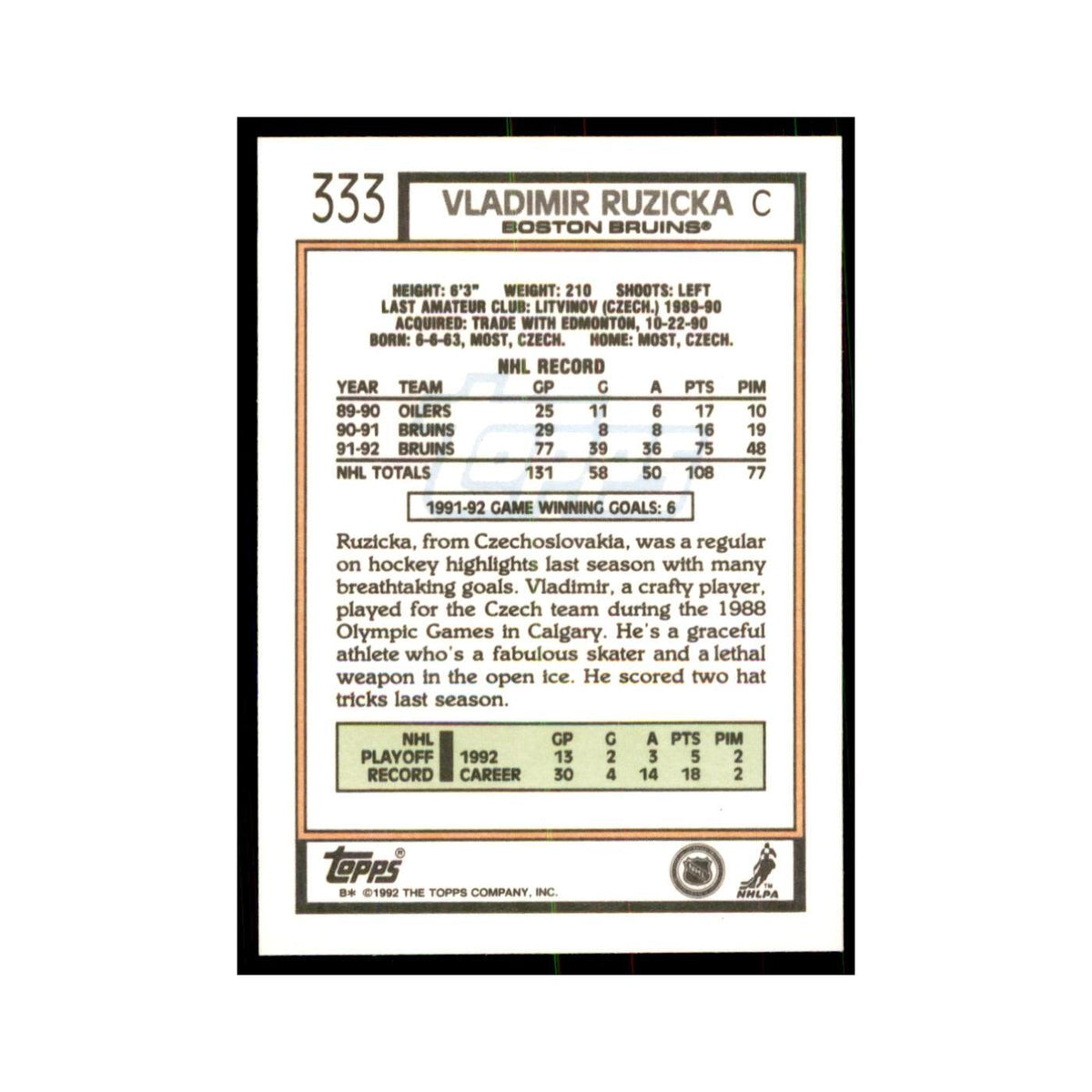 Vladimir Ruzicka 1992 Topps #333 Hockey Cards Hockey Card NM