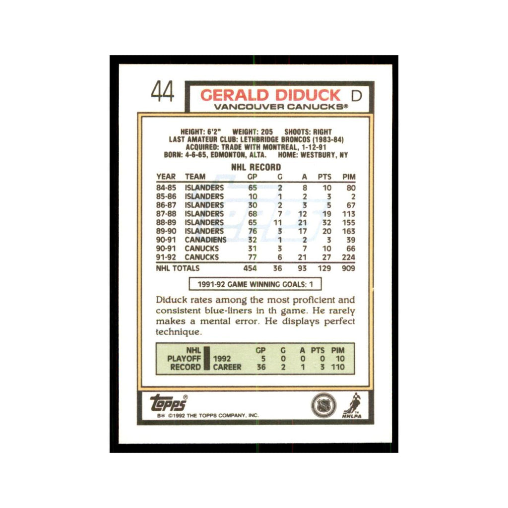 Gerald Diduck 1992 Topps #44 Hockey Cards Hockey Card NM