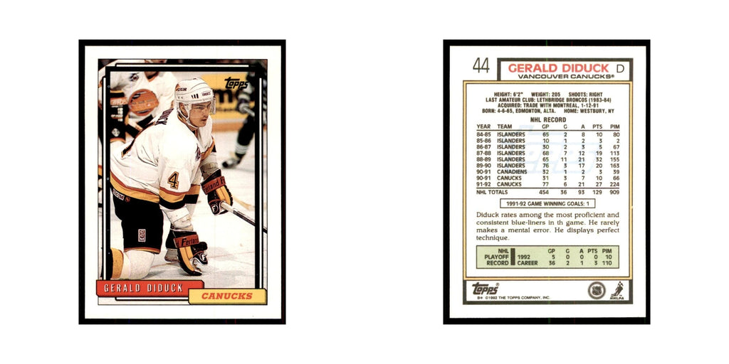 Gerald Diduck 1992 Topps #44 Hockey Cards Hockey Card NM