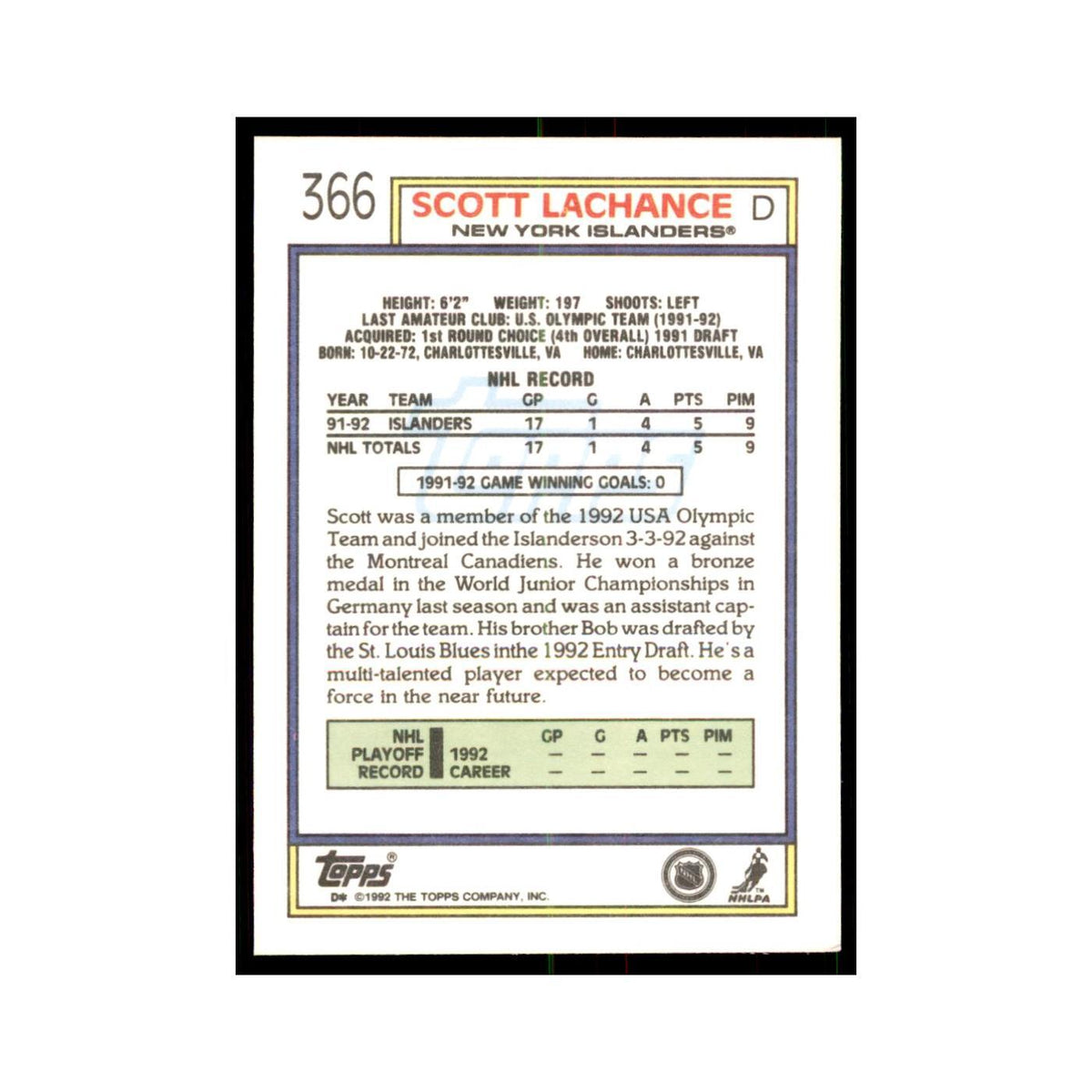 Scott Lachance 1992 Topps #366 Hockey Cards Hockey Card NM