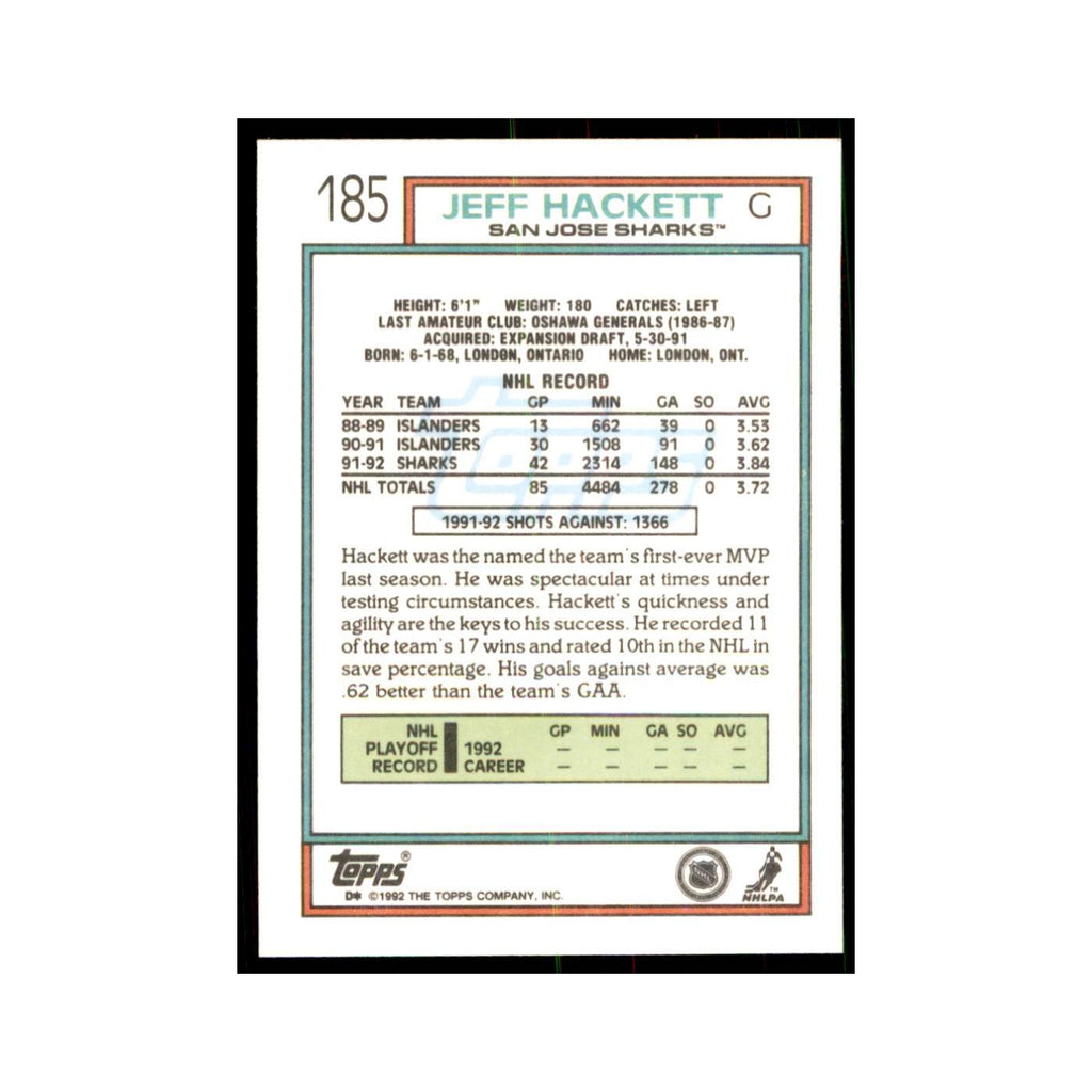 Jeff Hackett 1992 Topps #185 Hockey Cards Hockey Card NM