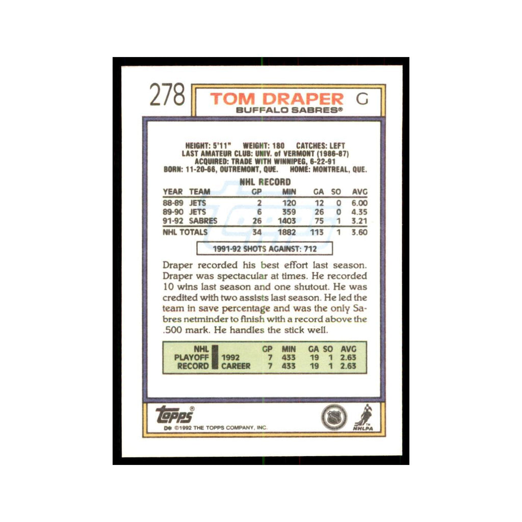 Tom Draper 1992 Topps #278 Hockey Cards Hockey Card NM