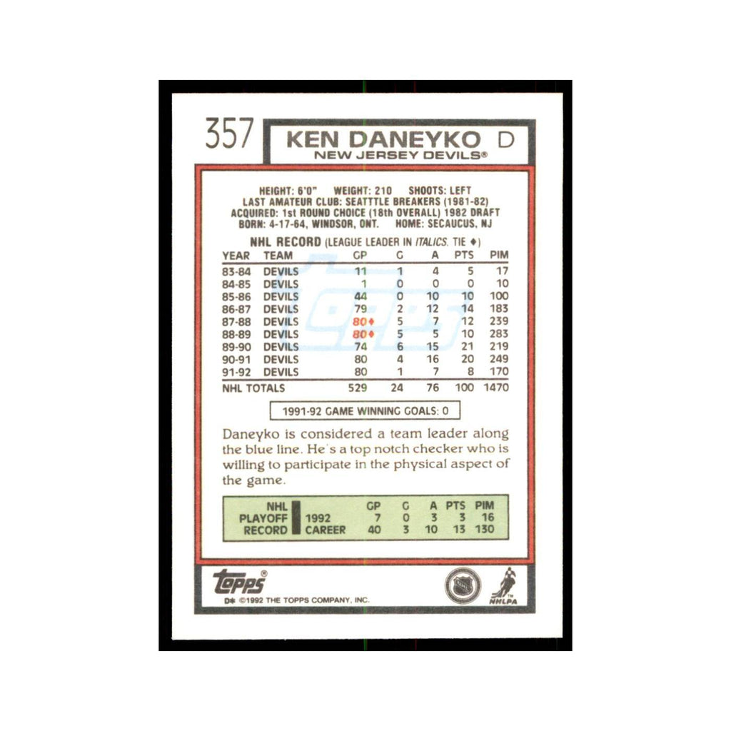 Ken Daneyko 1992 Topps #357 Hockey Cards Hockey Card NM