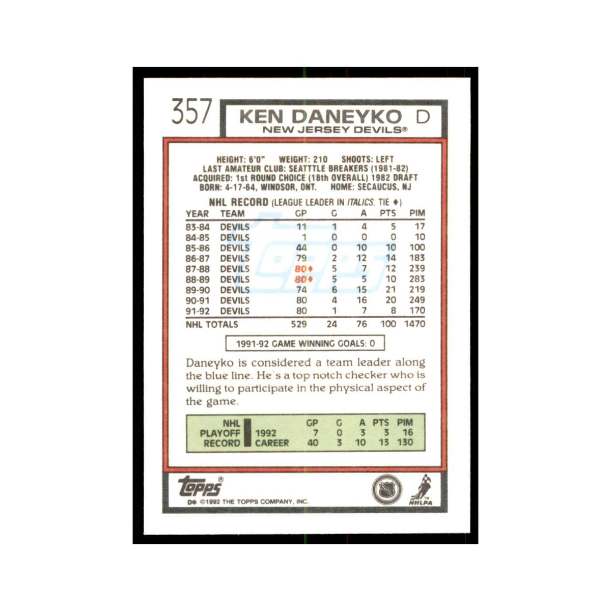 Ken Daneyko 1992 Topps #357 Hockey Cards Hockey Card NM