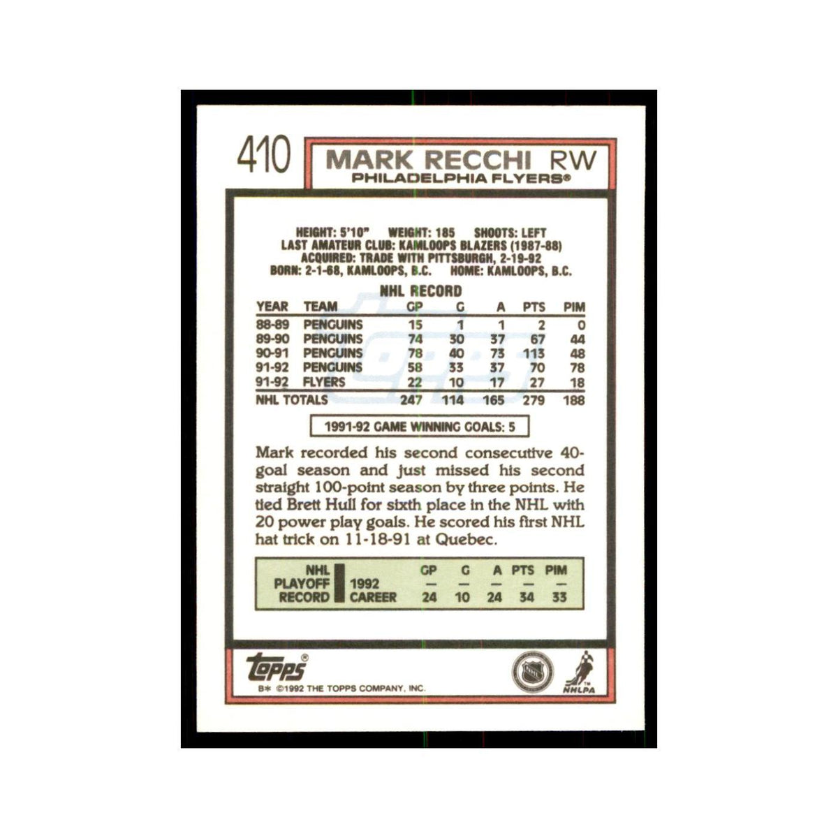 Mark Recchi 1992 Topps #410 Hockey Cards Hockey Card NM