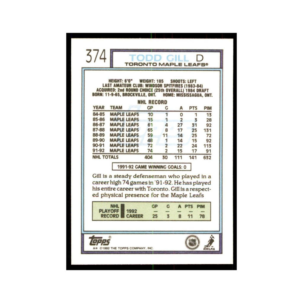 Todd Gill 1992 Topps #374 Hockey Cards Hockey Card NM