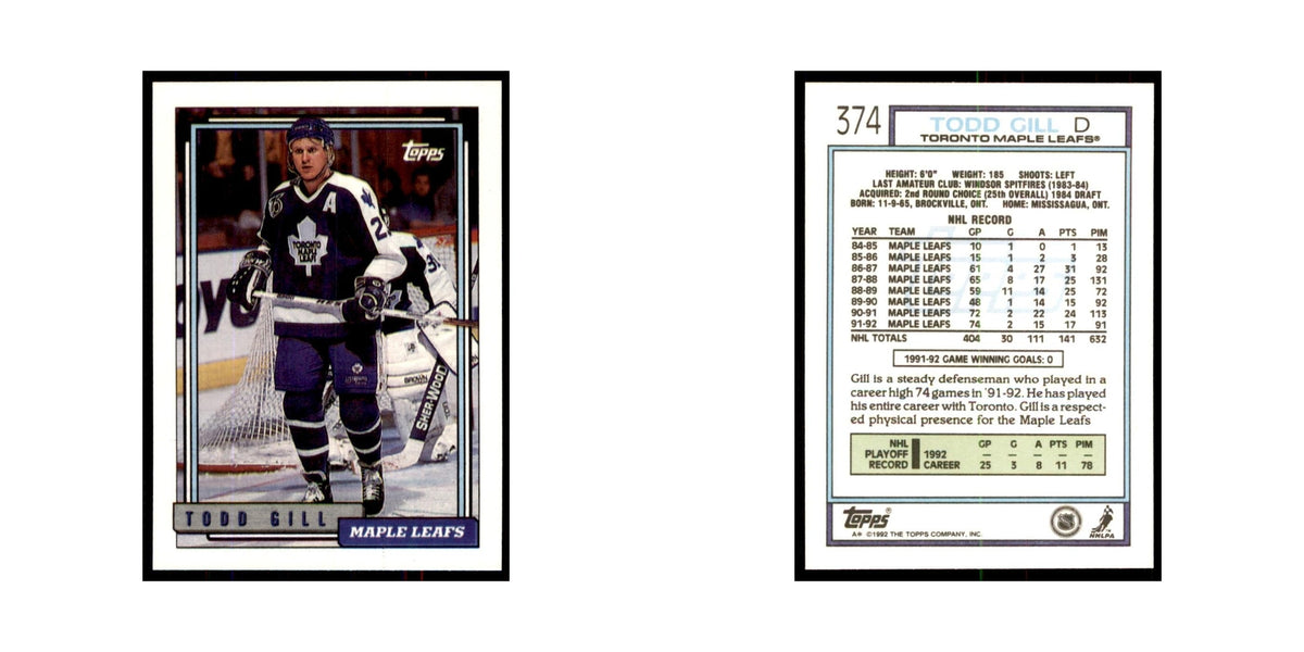 Todd Gill 1992 Topps #374 Hockey Cards Hockey Card NM
