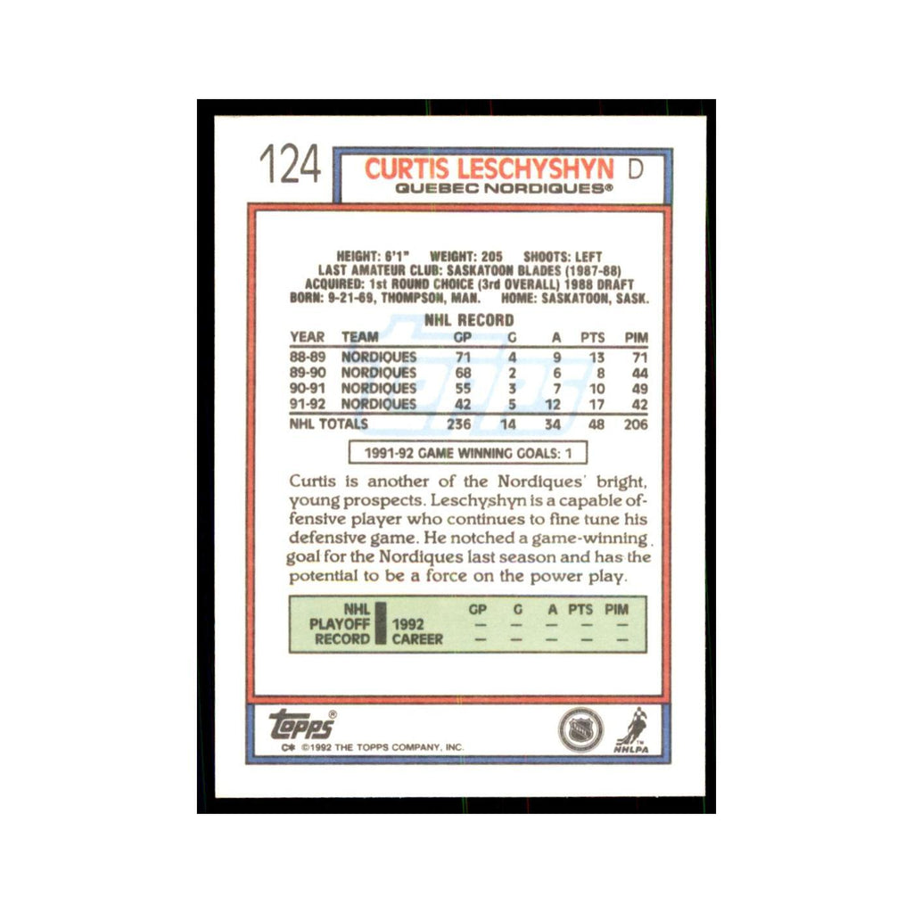 Curtis Leschyshyn 1992 Topps #124 Hockey Cards Hockey Card NM