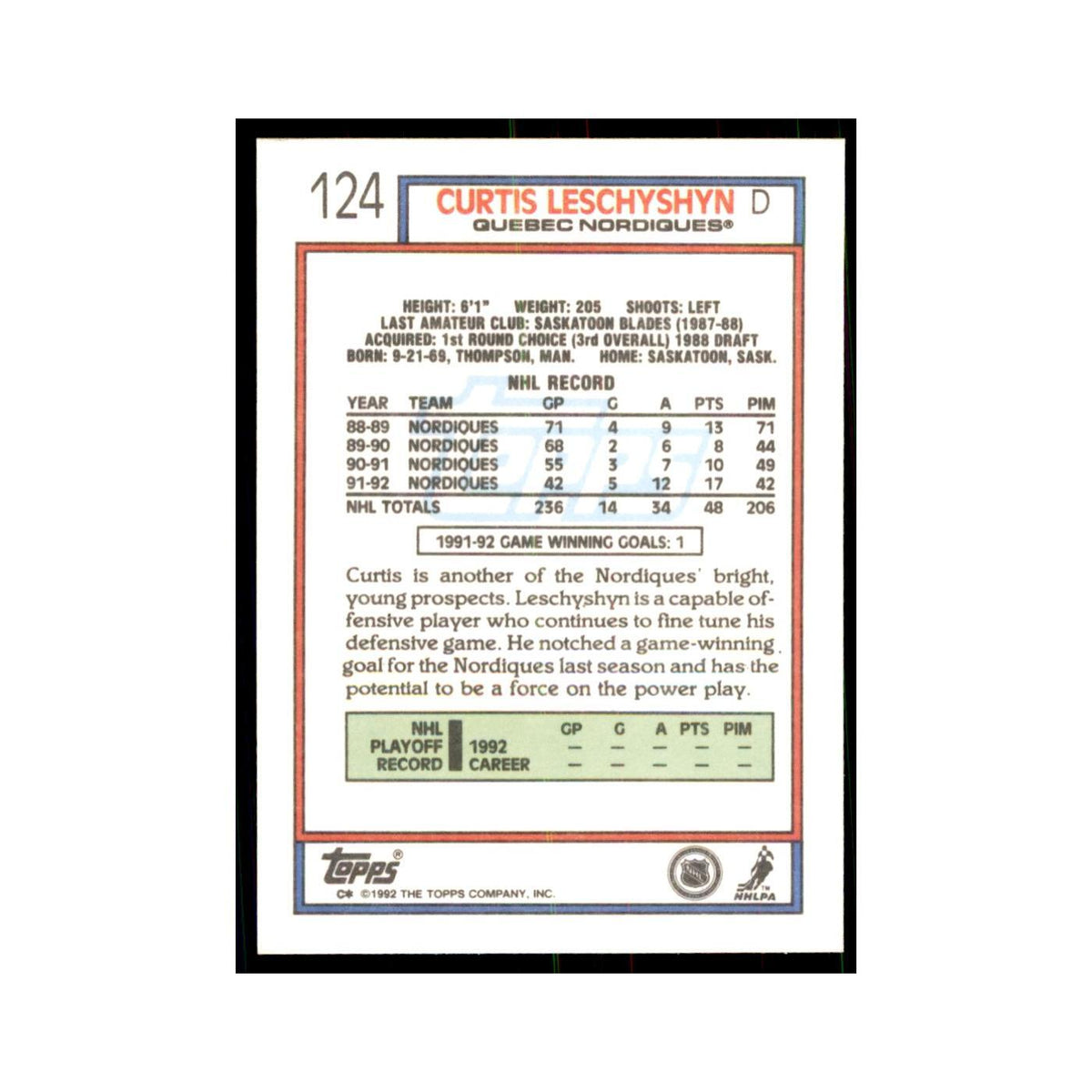 Curtis Leschyshyn 1992 Topps #124 Hockey Cards Hockey Card NM