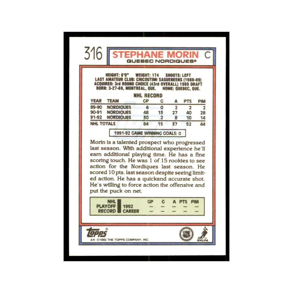 Stephane Morin 1992 Topps #316 Hockey Cards Hockey Card NM