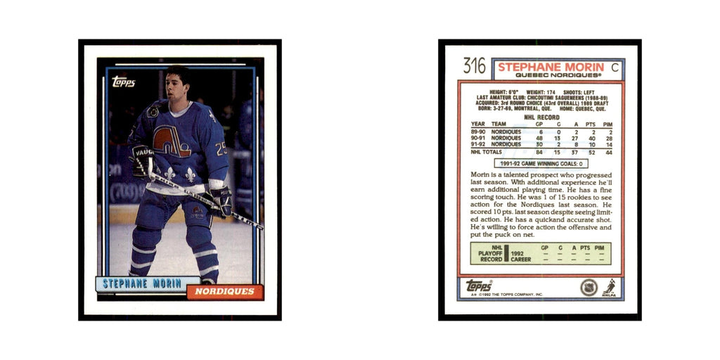 Stephane Morin 1992 Topps #316 Hockey Cards Hockey Card NM