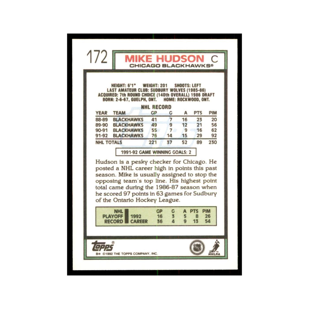 Mike Hudson 1992 Topps #172 Hockey Cards Hockey Card NM