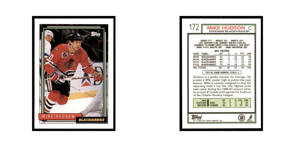 Mike Hudson 1992 Topps #172 Hockey Cards Hockey Card NM