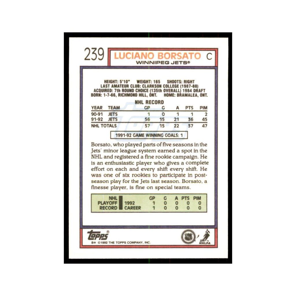 Luciano Borsato 1992 Topps #239 Hockey Cards Hockey Card NM