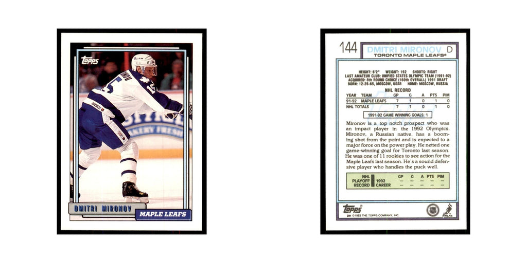 Dmitri Mironov 1992 Topps #144 Hockey Cards Hockey Card NM