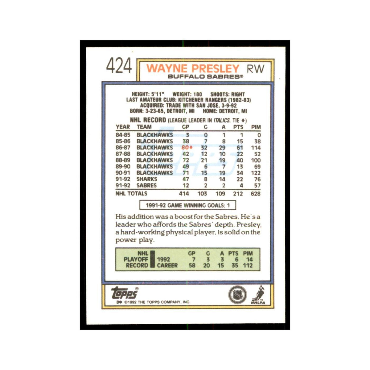 Wayne Presley 1992 Topps #424 Hockey Cards Hockey Card NM