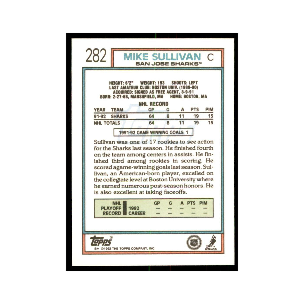 Mike Sullivan 1992 Topps #282 Hockey Cards Hockey Card NM