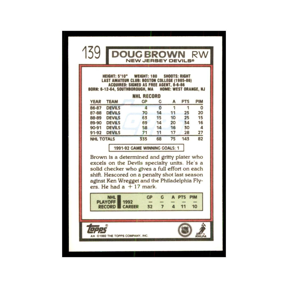 Doug Brown 1992 Topps #139 Hockey Cards Hockey Card NM
