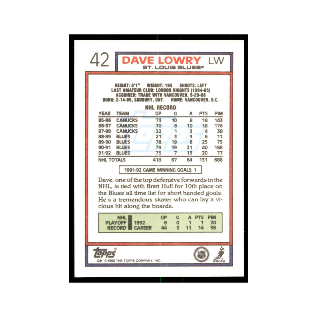 Dave Lowry 1992 Topps #42 Hockey Cards Hockey Card NM