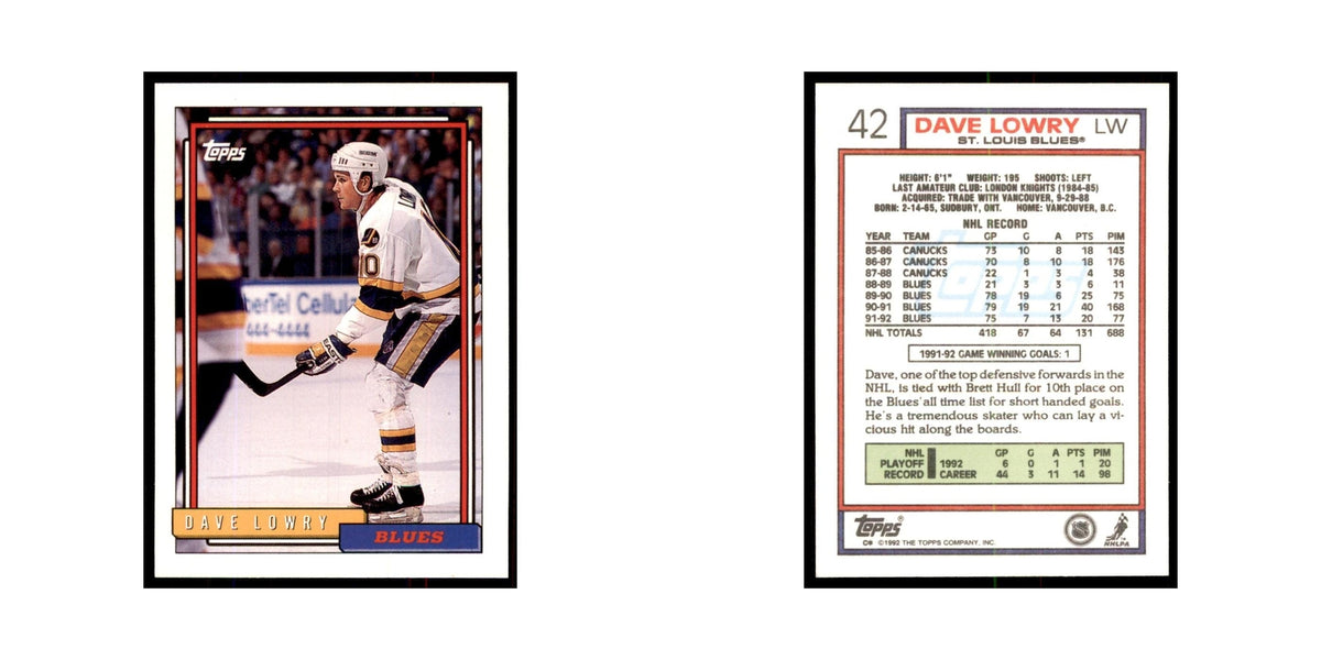 Dave Lowry 1992 Topps #42 Hockey Cards Hockey Card NM