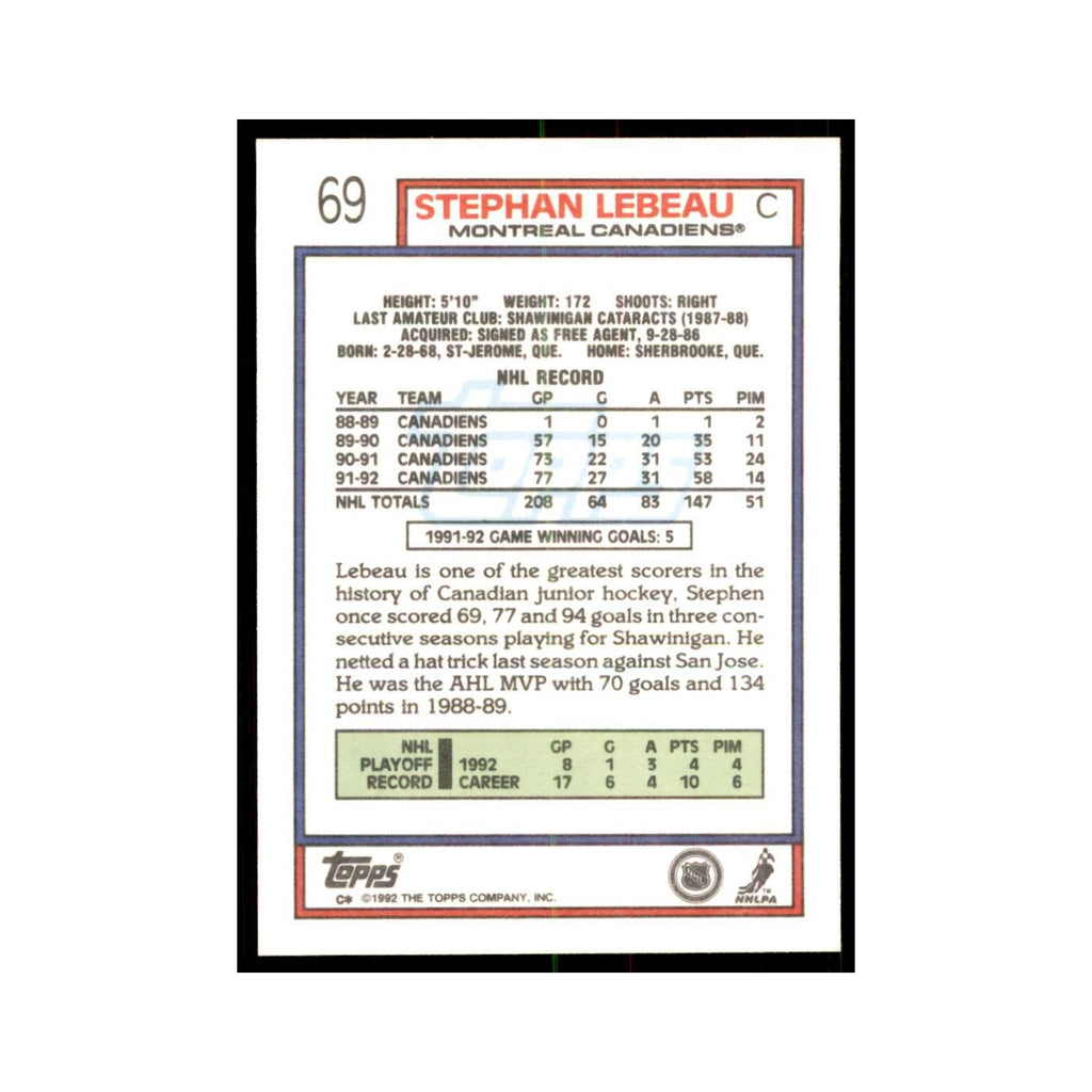 Stephan Lebeau 1992 Topps #69 Hockey Cards Hockey Card NM