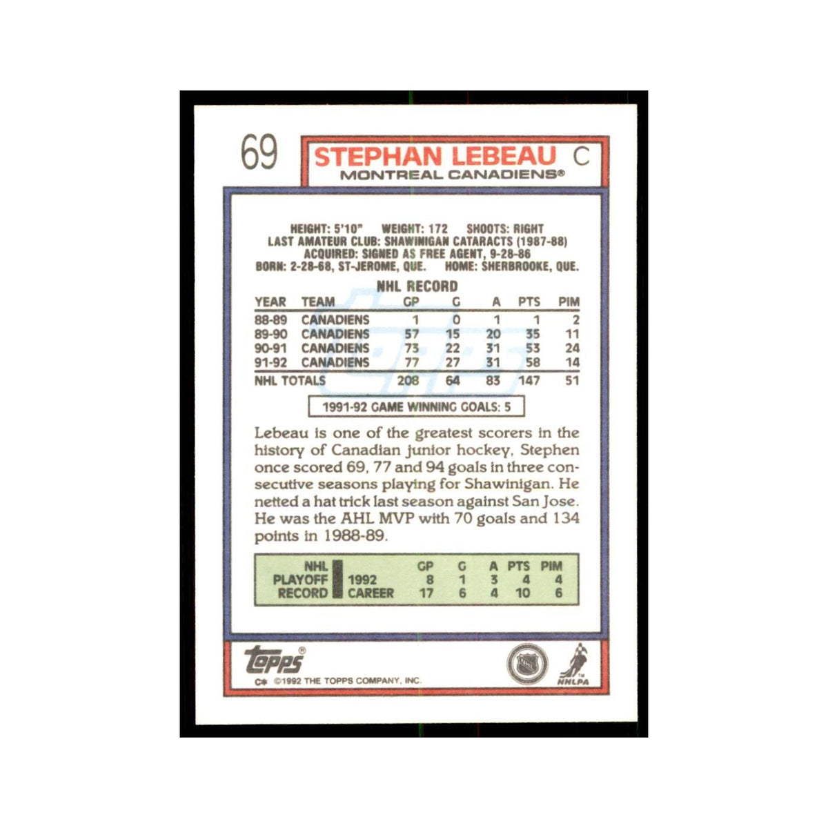 Stephan Lebeau 1992 Topps #69 Hockey Cards Hockey Card NM
