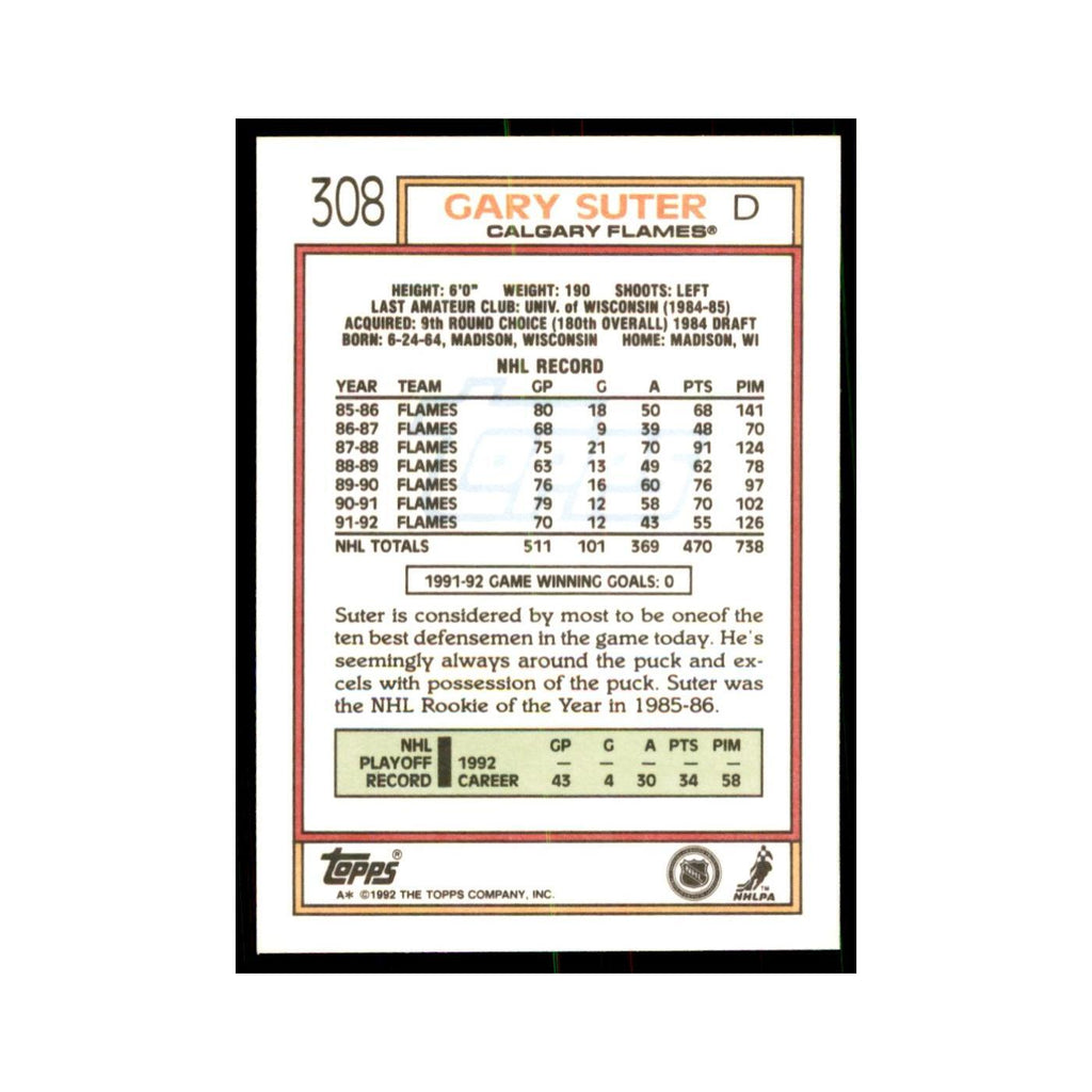 Gary Suter 1992 Topps #308 Hockey Cards Hockey Card NM