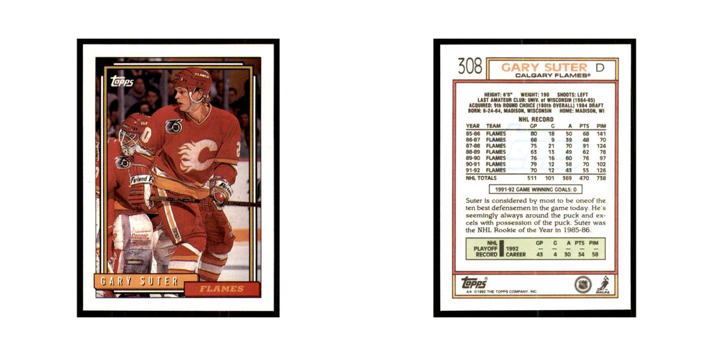 Gary Suter 1992 Topps #308 Hockey Cards Hockey Card NM