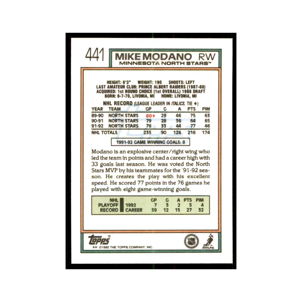 Mike Modano 1992 Topps #441 Hockey Cards Hockey Card NM