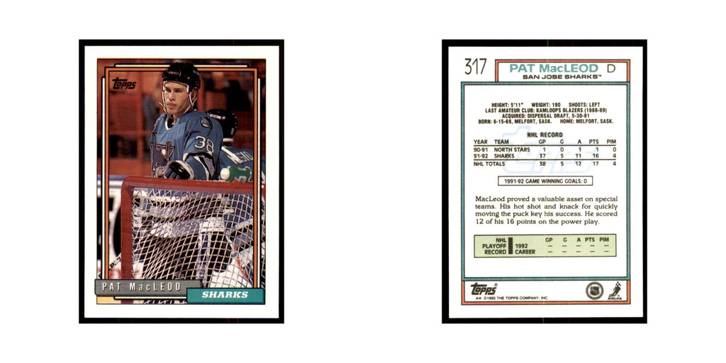 Pat MacLeod 1992 Topps #317 Hockey Cards Hockey Card NM