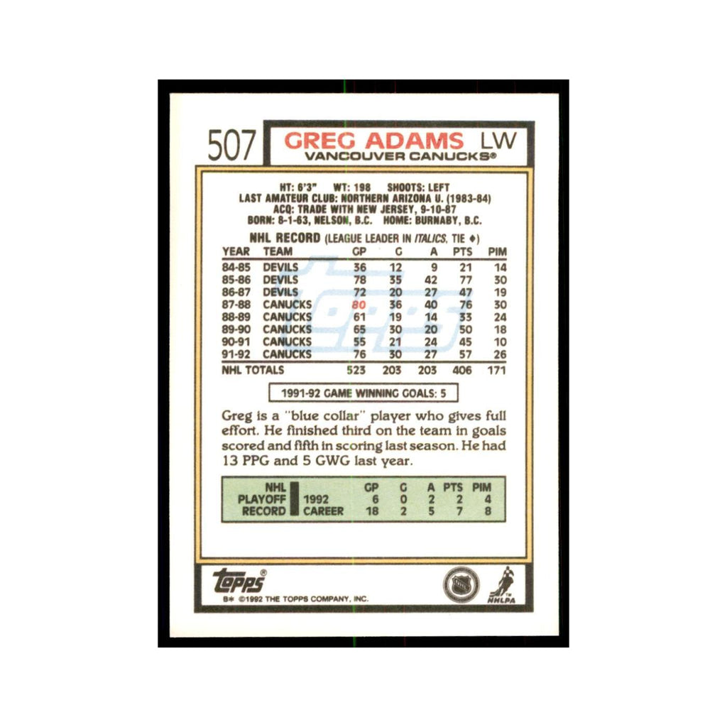 Greg Adams 1992 Topps #507 Hockey Cards Hockey Card NM