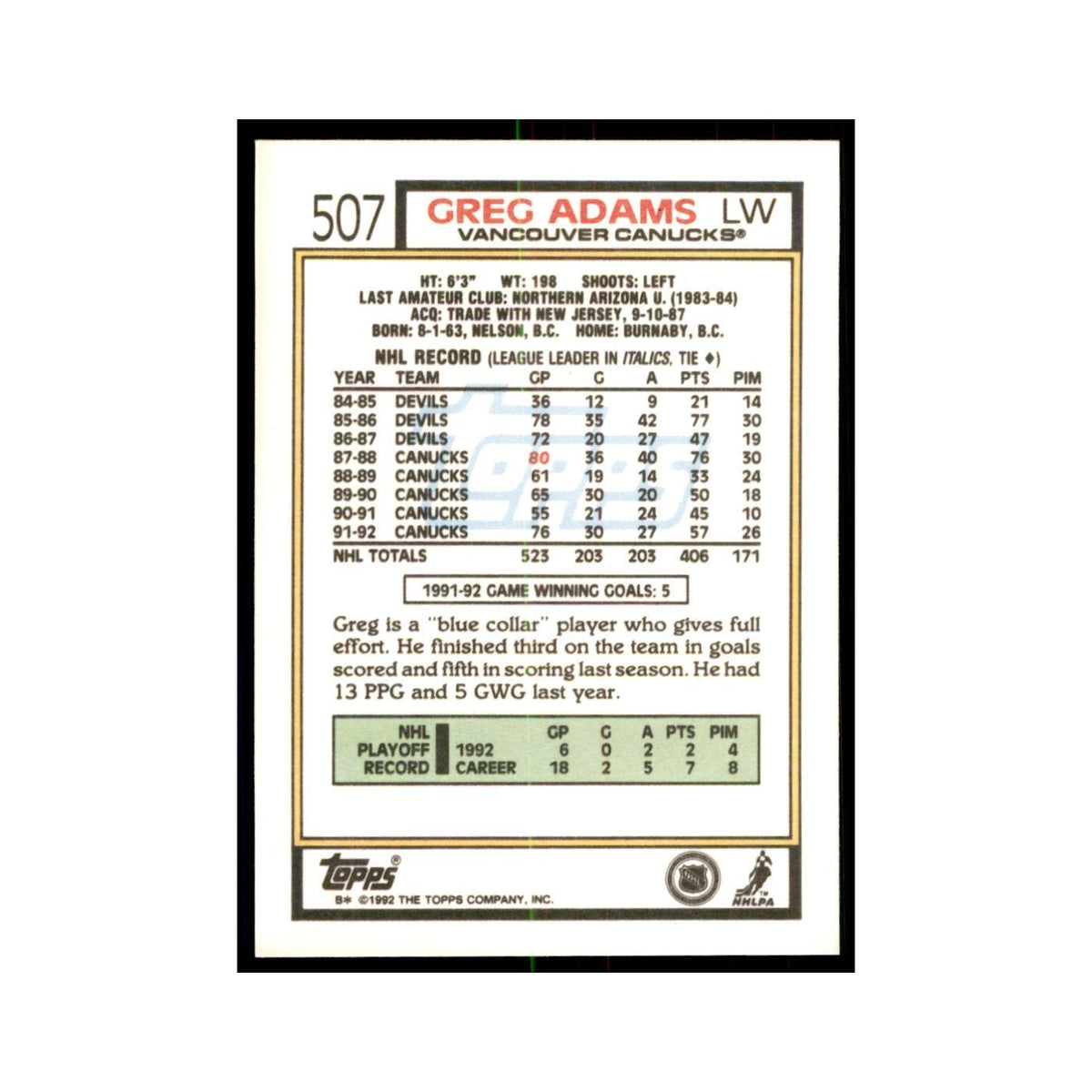 Greg Adams 1992 Topps #507 Hockey Cards Hockey Card NM
