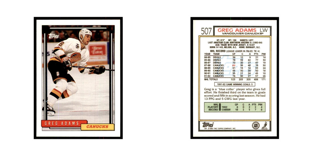 Greg Adams 1992 Topps #507 Hockey Cards Hockey Card NM