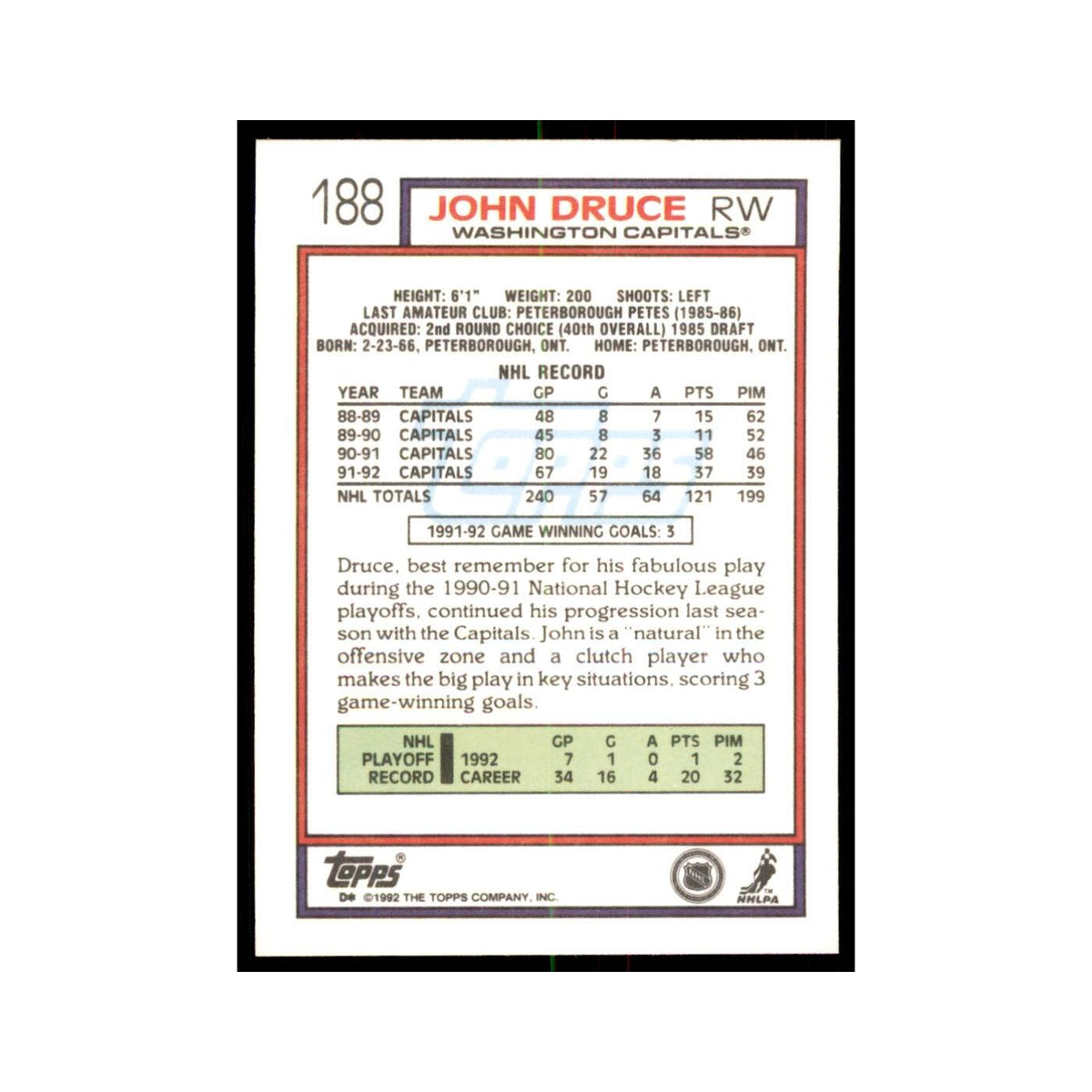 John Druce 1992 Topps #188 Hockey Cards Hockey Card NM