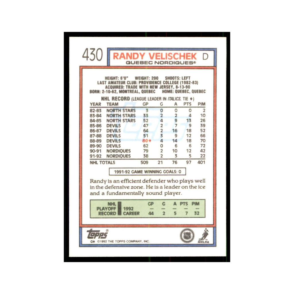 Randy Velischek 1992 Topps #430 Hockey Cards Hockey Card NM