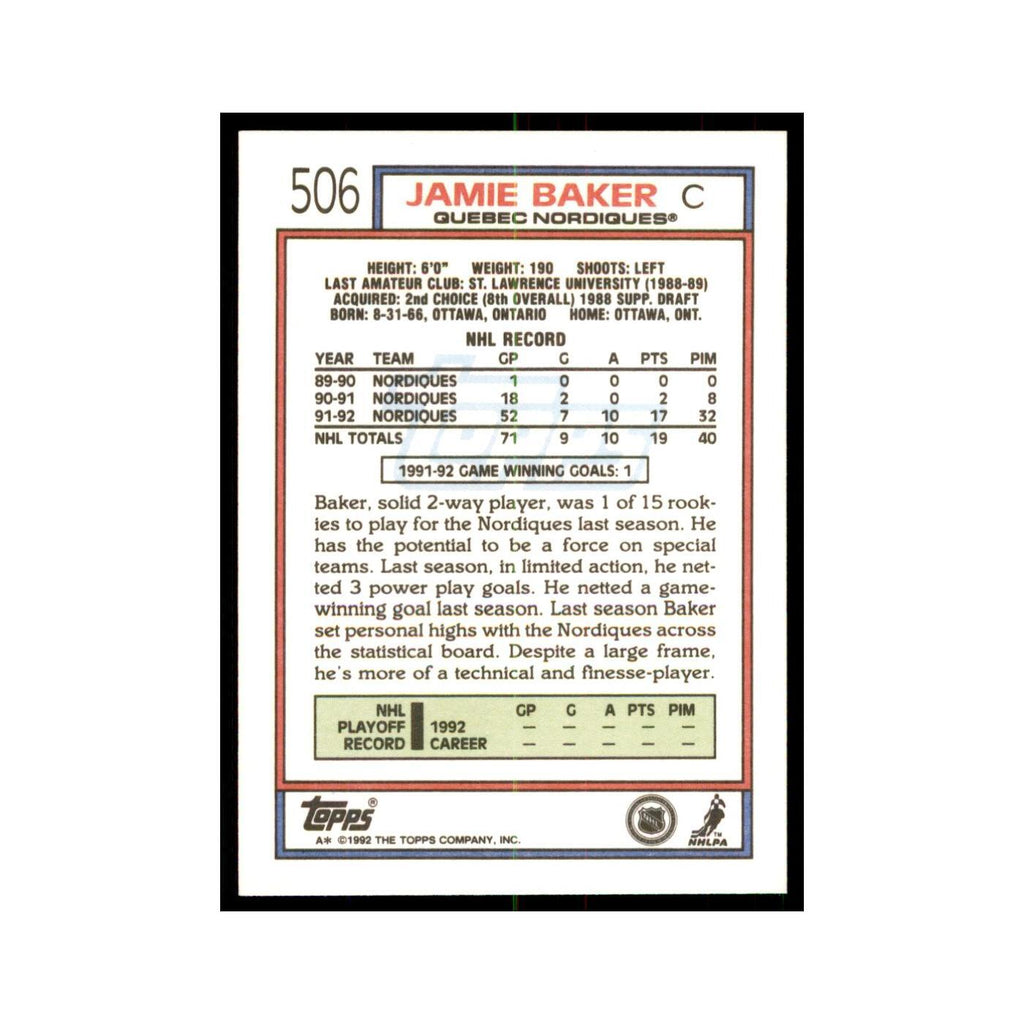 Jamie Baker 1992 Topps #506 Hockey Cards Hockey Card NM