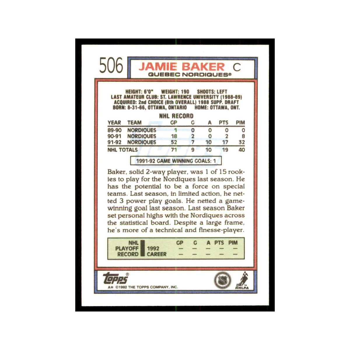 Jamie Baker 1992 Topps #506 Hockey Cards Hockey Card NM