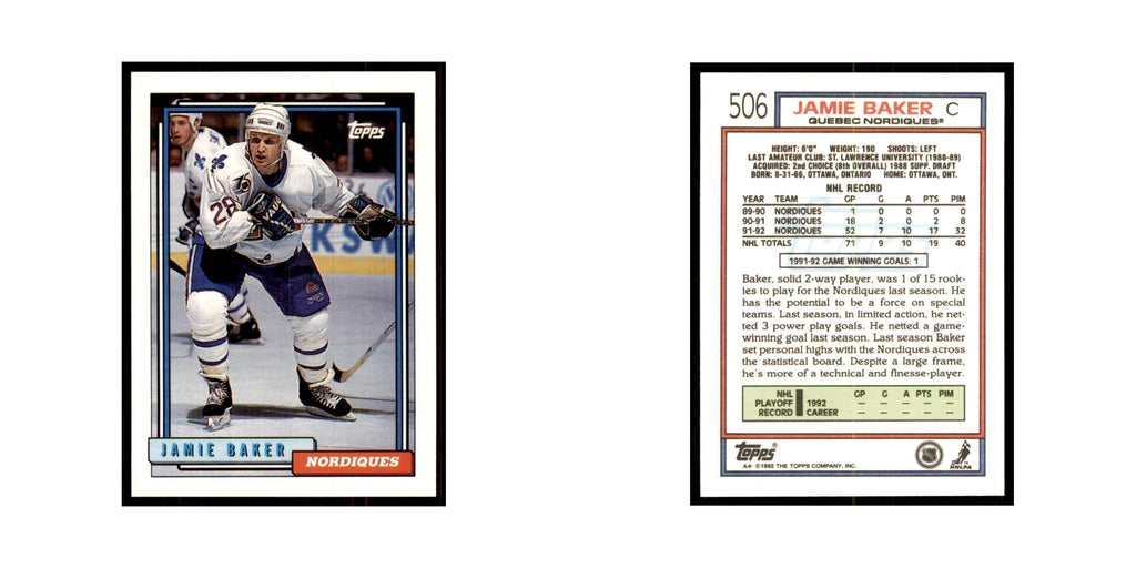 Jamie Baker 1992 Topps #506 Hockey Cards Hockey Card NM