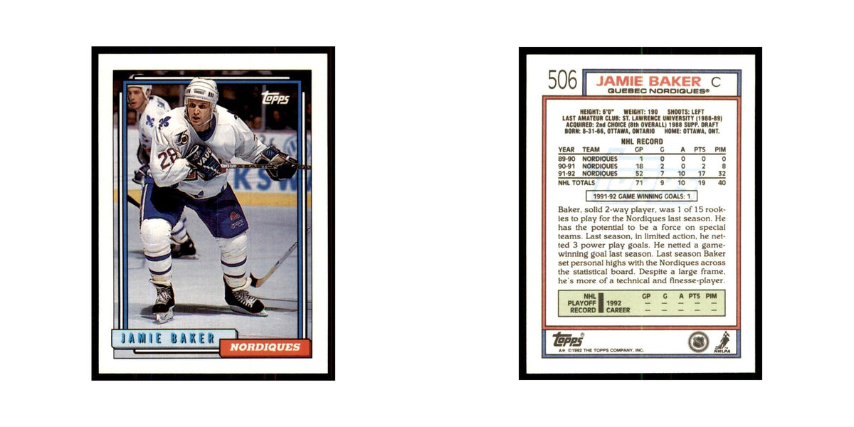Jamie Baker 1992 Topps #506 Hockey Cards Hockey Card NM