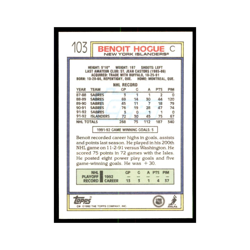 Benoit Hogue 1992 Topps #103 Hockey Cards Hockey Card NM